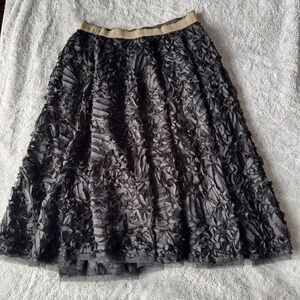 Rye Black Textured Midi Skirt 3D Ribbon Mesh Tulle Goth Romantic Party L